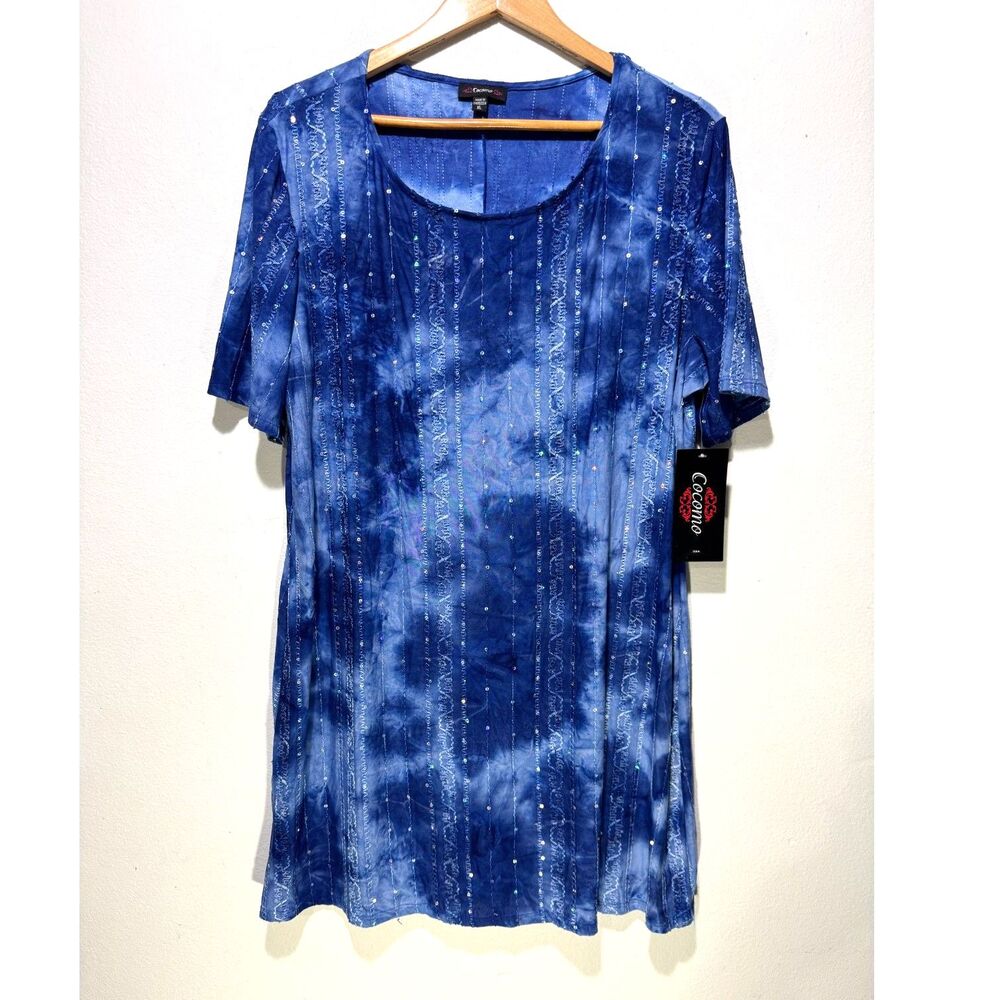 Cocomo tunic dress tie dye blue sequins summer comfy casual women XL New
